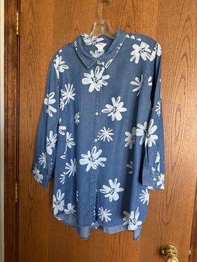 intro. Blue and white floral top with red heart tag